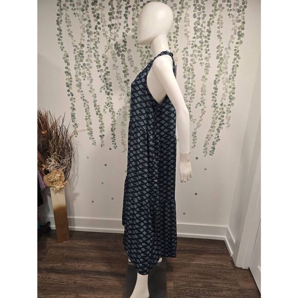 Emily Daniels Sleeveless Boho Maxi Dress Navy Teal Print Size L NWT Tiered Tasse - Picture 7 of 12